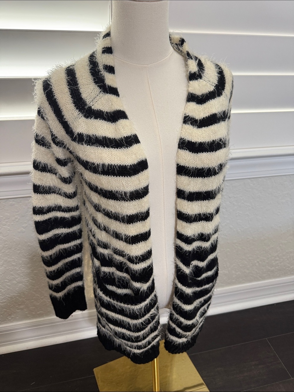 Rewind Black and White Striped Fuzzy Open-Front Cardigan